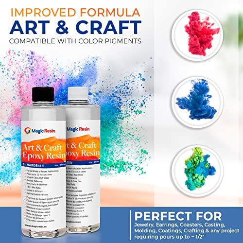 Epoxy Resin Kit for Art & Craft | 16oz (473ml) | UV Resistant | Clear Epoxy Resin | Jewelry, Earrings, Coasters, Casting, Molding, Crafting & more | Includes 2 pairs of gloves, 2 cups, 4 sticks & mica - 2