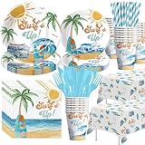 APOWBLS Surf's Up Party Decorations Tableware For Boys - Surf Birthday Party Supplies, Paper Plate, Cup, Napkin, Cutlery, Tablecloth, Summer Hawaiian Beach Wave Surfing Birthday Decorations | Serve 24