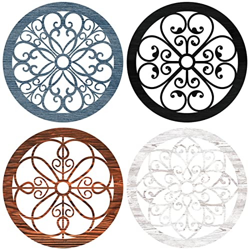 4 Pcs Thicken Rustic Wall Decor Farmhouse Wall Art Wooden Hollow Carved Design Decor Rustic Round Wall Art for Living Room Bedroom Hallway Decor Kitchen Wall (Colorful,10 x 10 Inch)