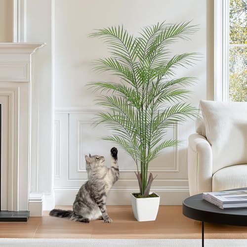 4FT Fake Palm Tree Faux Areca Palm Plants with 21 Full Lifelike Palm Leaves Realistic Trunks Fake Tropical Palm Tree for Indoor Home Office Outdoor Yard Décor with Trapezoidal Prism White Pot