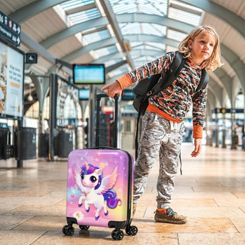 Image of Kids Carry On Luggage with Wheels 18 Inch Hard Shell Suitcase for Boys and Girls | Rolling Travel Bag with Retractable Handle and Spinner Wheels for Trips (Pink Unicorn)