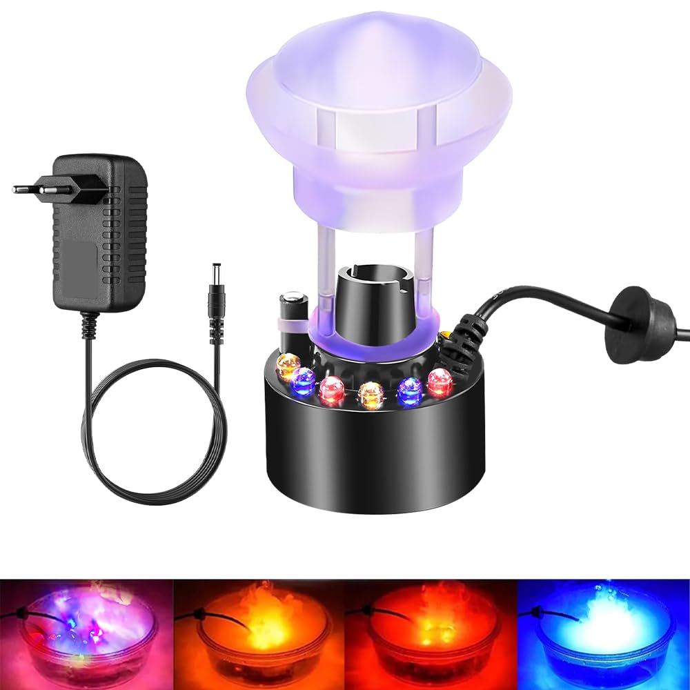 Brumisateur Ultrason, Mini Machine à Brouillard Halloween avec 12 Lumières et Protection Anti-Éclaboussures, 24 V Brumisateur à Ultrasons pour Aquarium, Étang de Citrouilles, Chaudron Sorcière