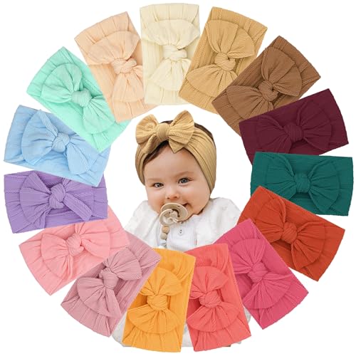 Image of 15PCS Baby Nylon Hair Bow Headband 6inch Handmade Elastic Jacquard Headband | With bow baby headbands 15 colors one size fits all no red mark leaves handmade jacquard hairbands mix colors series