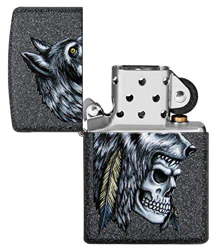 Image of Zippo Wolf Skull Feather Design Iron Stone Pocket Lighter