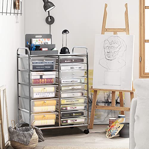 Aurcs 15-Drawer Rolling Storage Cart, Tools Scrapbook Paper Organizer W/ Removable Drawers & Universal Wheels, Multipurpose Lightweight Cart For Supermarket, School, Office, Home (Clear) #TOP1