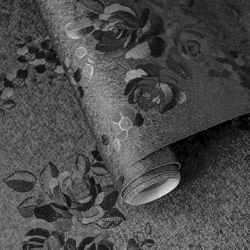 Lawnoval Carta da parati nera con motivo floreale, rimovibile e impermeabile, facile da installare per soggiorno, camera da letto o cucina, materiale di carta, 45 cm x 1 m