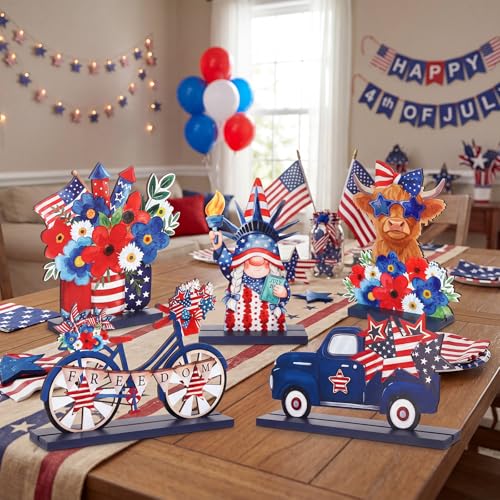 Image of Jetec 5 Pcs Patriotic Table Decorations 4th of July Wooden Table Centerpieces Red White Blue Gnome Wood Sign for 250 Years Anniversary Veterans Memorial Day Independence Day Home Decor (Fashion)