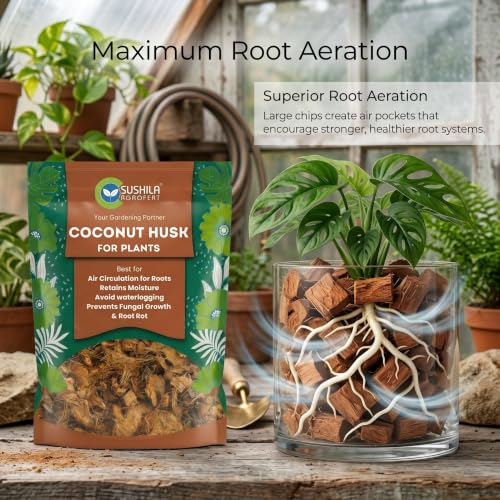 Image of Sushila Agrofert Coconut Husk 1Kg Natural Low EC Coco Chips Soil Enhancer for Gardening Eco-Friendly Potting Mix Orchid Houseplant Root Aeration Moisture Retention