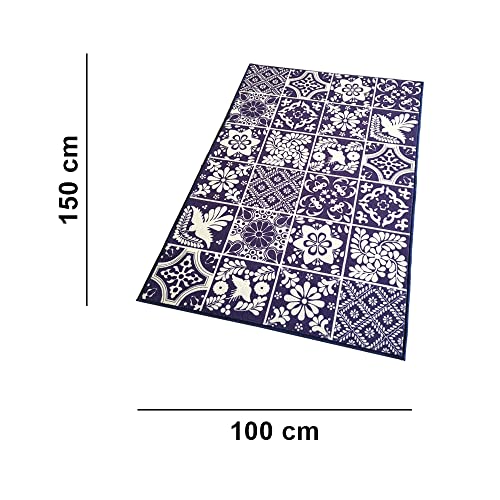 Image of Matz&More Tiles Arabesque Rug | 100x150 CM | Navy Blue | Soft Nylon Loop Pile with Anti-Slip Gel Backing | Living Room, Bedroom & Office Floor Carpet