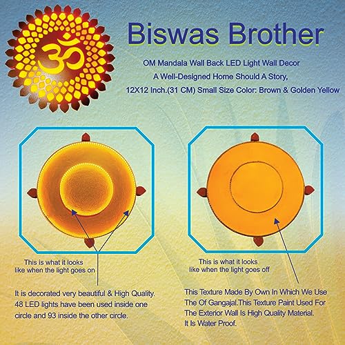 Image of BISWAS BROTHER OM Mandala Wall Back LED Light Wall Decor A well-designed Home Should A Story:12x12INCH Large,mall Size Color: Brown & Golden Yellow,White & Golden Yellow (BROWN, 12x12 inch)