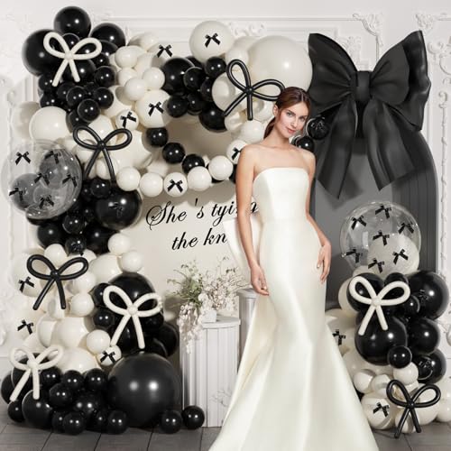 Image of Black and White Sand Balloons Arch Garland Kit,JOGAMS 199Pcs Black Bow Party Decorations with 260 Clear Black Ribbon for Bow Coquette Birthday Decorations Bachelor Baby Shower Bridal Shower