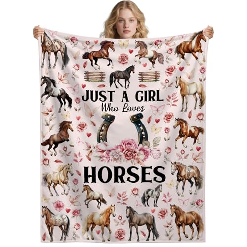 Horse Blanket for Girls Women,Just A Girl Who Loves Horses Flannel Blanket Gifts,Ultra Soft Pink Flowers Throw Decor for Bed Couch Living Room，40"x50"-Kids/Throw Size - image 1