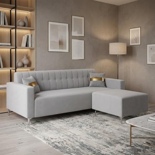 Image of FURNY Regan 4 Seater L Shape Sofa Set with Movable Ottoman | Flexible Left or Right Layout | Plush Velvet Fabric (Light Grey) | Perfect for Living Room, Guest Room & Office