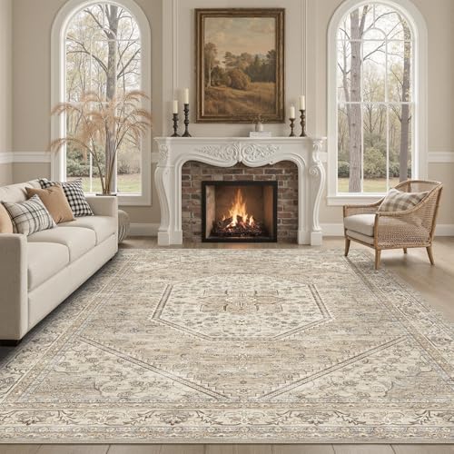 DCX DCX Machine Washable Brown and Beige Area Rug 8x10, Non Slip Stain Resistant Vintage Floral Rug for Living Room Bedroom Nursery, Soft Low Pile Large Carpet