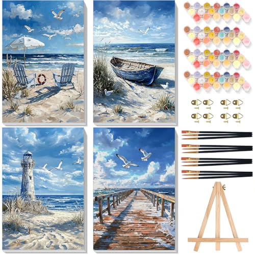 4 Pack Paint by Numbers for Adults with Framed Canvas & Wooden Easel Beach Adult Painting by Number Kit on Canvas DIY Coast Acrylic Oil Painting Kits with Brushes for Home Wall Decor 8x12 inch