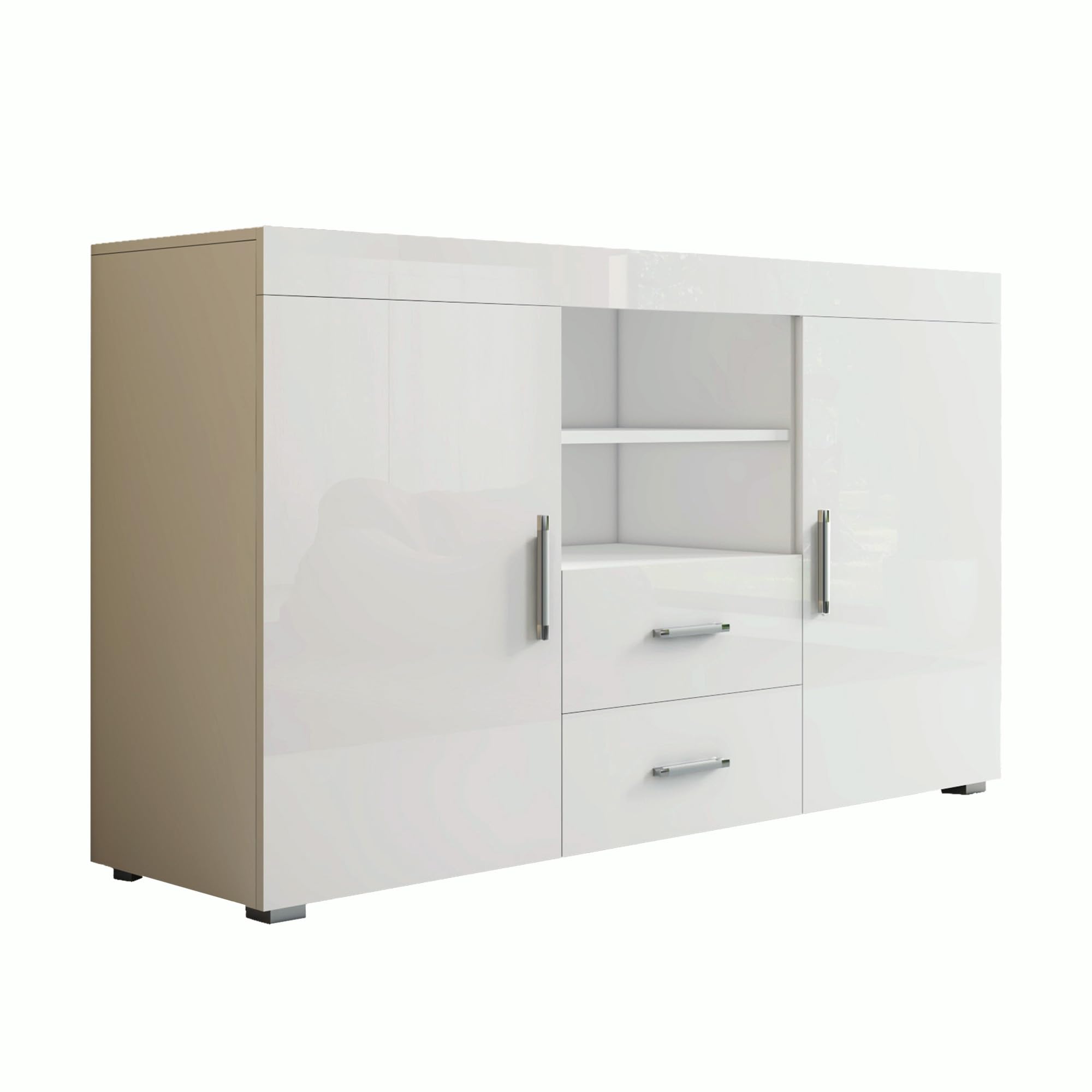 MB Muebles Bonitos | Aparador Roque | Mueble Auxiliar Moderno de Salón y Comedor con 2 Puertas, 2 Cajones y Estante | 140x82x40 cm | Melamina Brillo | Blanco