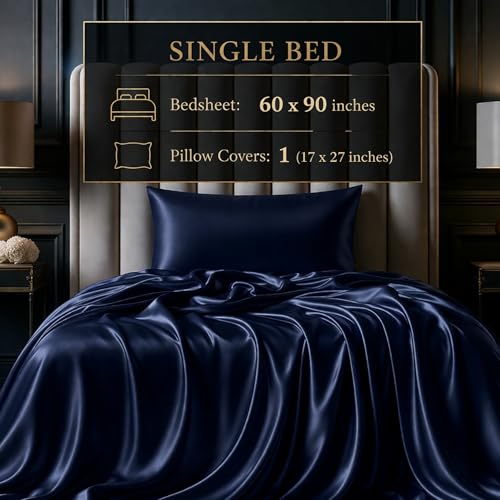 Image of SOFT SOULS Satin Bedsheet with Pillow Covers for Couples, Valentine's Day, Girlfriend, Boyfriend, Husband, Wife, or a Romantic Wedding First Night (Navy Blue, Single Bed Sheet)