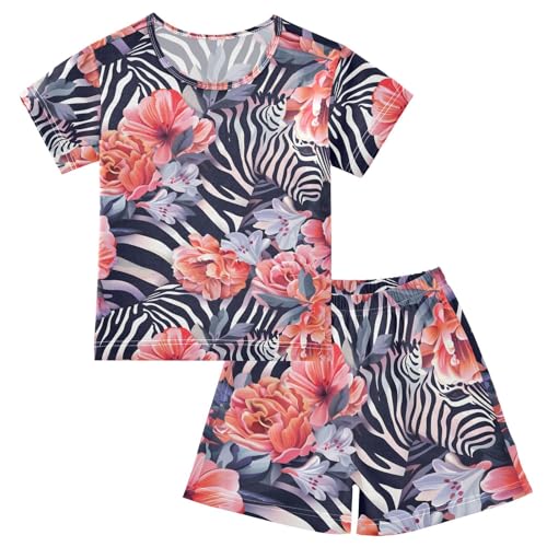 ALAZA Zebra Floral Flower Pajamas Short Sleeve 2 Piece Sleepwear Top and Bottom Pajama Set Unisex