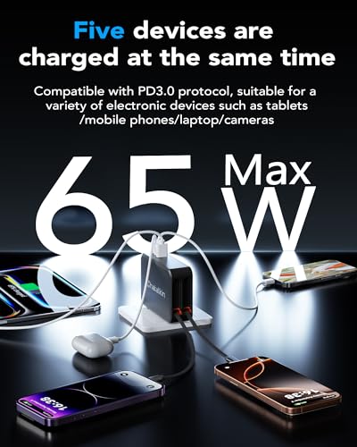 Image of 65W for MacBook Pro Charger,5-in-1 Retractable Wall Charger Plug for iPhone