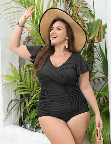 Women Plus Size Swim Romper Swimsuits One Piece Swim Suit Modest Tummy Control Ruffle Sleeves Bathing Suits2
