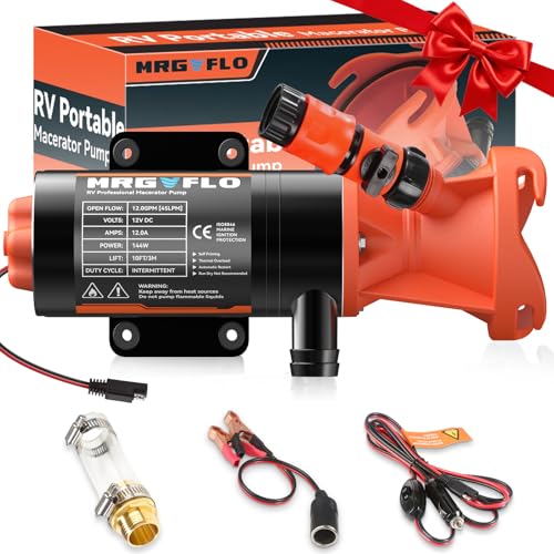 RV Macerator Pump 12V,Portable Macerator Waste Pump,12GPM Suction 3.2 feet Lift 10 feet with Garden Hose Discharge Port,Quick Release Sewage Pump with Fresh Water Rinse and Manual Crushing Function.