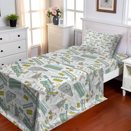 Ambesonne Steam Engine Sheet Set, Choo Choo Train Pattern and Number Signs Vintage Travel Theme Print, Fitted and Flat Sheet with Pillowcase Bedding Accent 3 Piece Set, Twin, Apple Green Turquoise