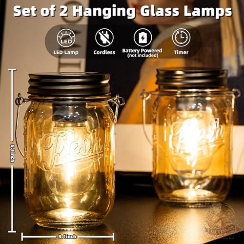 MJ PREMIER Mason Jar Lights Hanging,2-Pack Outdoor Garden Lanterns,Battery Operated Cordless Lamps,LED Bulb and Auto Timer,Patio,Indoor Lights for Camping Picnic Party Fireplace Hallway (Amber) - Cosy Home Interiors MJ PREMIER Mason Jar Lights Hanging,2-Pack Outdoor Garden Lanterns,Battery Operated Cordless Lamps,LED Bulb and Auto Timer,Patio,Indoor Lights for Camping Picnic Party Fireplace Hallway (Amber) - Image 3