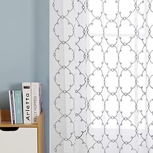 Deconovo Eyelet Faux Linen Net Curtains Embroidery Diamond Voile Curtains Super Soft Semi Sheer Curtains 55 x 70 Drop Inch Grey 1 Pair — image 1