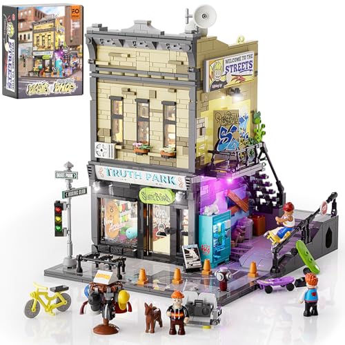 Funwhole Skate-Shop Lighting Building-Bricks Set – Street Fusion City Skate Store Collection LED Light Modular Building Kit 1573 Pcs for Adults and Teen