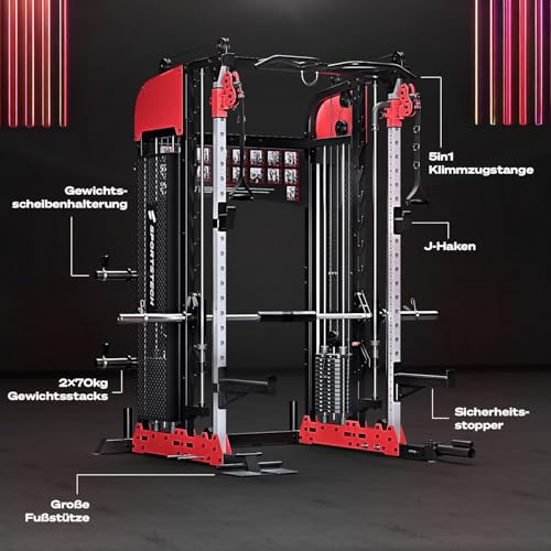 Sportstech SXM200 Smith Machine für Zuhause, Power Rack mit Kabelzug, Klimmzug, Langhantelstange, Bench Press, Multipresse, 140kg Trainingsgewicht, Kraftstation inkl. Griffe, Multifunktional, Home Gym – Bild 6
