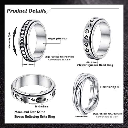 FUNRUN JEWELRY Stainless Steel Fidget Anxiety Ring for Women Men Fidget Spinner Rings Moon Star Celtic Stress Relieving Spinning Ring Wedding Band Rings Set,4-6Pcs2