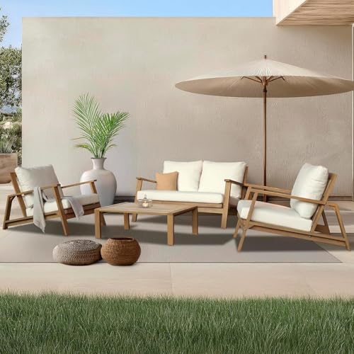Lokingrise 4-Piece Acacia Wood Outdoor Sectional Sofa Set with Loveseat, Armchairs, Coffee Table, 4 Seater Chat Set, All-Weather Outdoor Wooden Patio Conversation Sets for Garden, Backyard