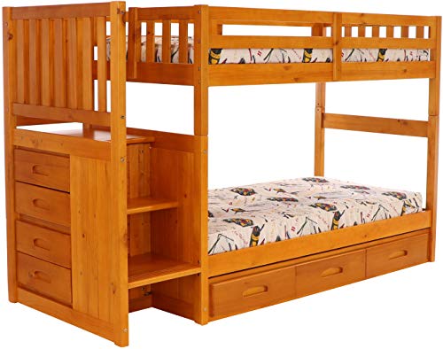 Discovery World Furniture Mission Twin Over Twin Staircase Bunk Bed With 3 Drawer Storage, Honey #TOP7