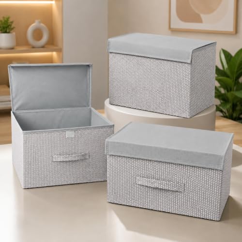 Image of VERVENIX Pack of 3 Storage Box Organiser Large Size | Premium Fabric Bins for Wardrobe, Clothes, Toys & Home Essentials | Collapsible Space Saving Storage Basket in White & Grey