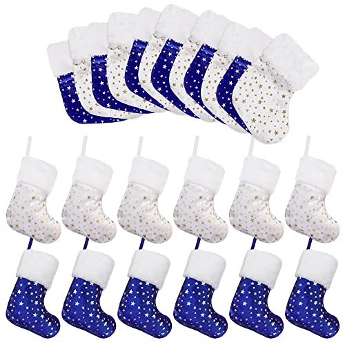 Limbridge Mini Christmas Stockings 12Pcs, 7 Inches White And Blue Xmas Stockings Wiht Glitter Golden Star Print And Plush Cuff, Classic Christmas Stocking Decorations For Family Holiday Party #TOP12