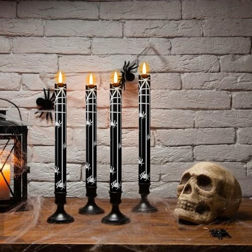 Image of Eldnacele Halloween Spider Flameless Taper Candles Battery Operated with Remote Timer, Set of 4 Black Real Wax 3D Wick LED Flickering Candles Spooky Halloween Indoor Decor(0.78 inch D x 9.64 inch H)