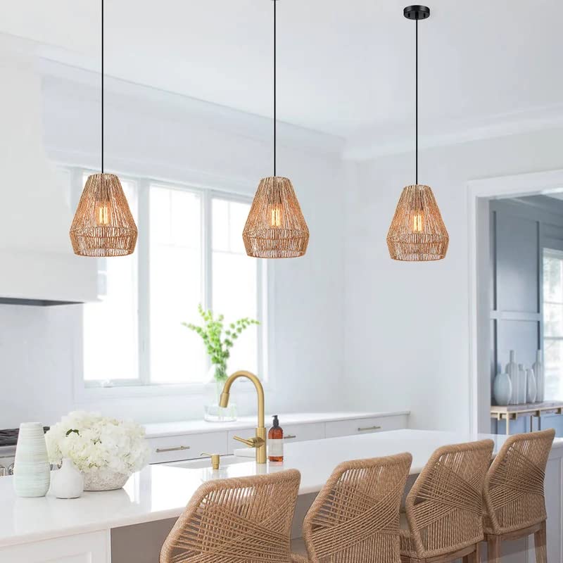 AKWAY Rattan Hanging Light for Living Room | Raffia Seagrass Pendant Lamp for Home Decoration | Bamboo Ceiling Light for Home (Bell Lamp)