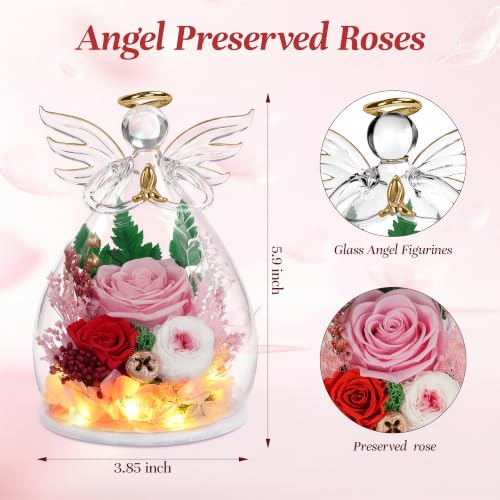 Image of encavy Birthday Gifts for Women,Fresh Flowers for Delivery,Preserved Rose Flowers in Angel Figurines,Light Up Angel Real Rainbow Roses for Mom Grandma Wife Her Girlfriend Anniversary