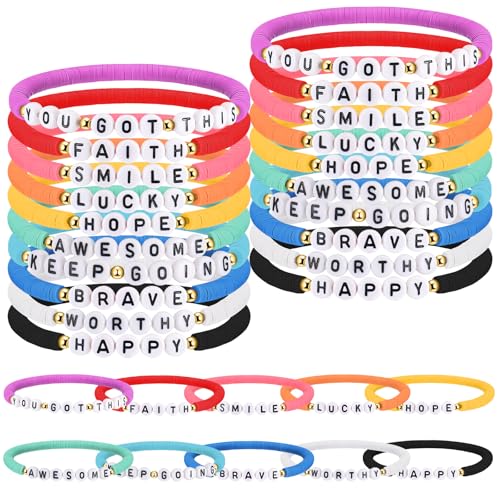 Landical 30 pulseras motivacionales a granel inspiradoras de la amistad, hechas a mano, elásticas, coloridas pulseras de arcilla polimérica, pulseras de palabras, regalos de aliento para mujeres y