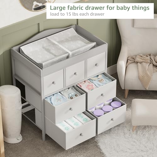 Image of BOLUO Changing Table Dresser with Storage, Baby Dresser with Changing Table Top Diaper Changing Station with 7 Fabric Drawers for Nursery Modern