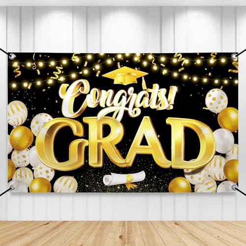 Image of Graduation Decorations 2026-72x44 Inch Graduation Banner, Congrats Grad Banner, Congratulations Banner 2026 Graduation Party Decorations, Black and Gold Graduation Backdrop, KatchOn