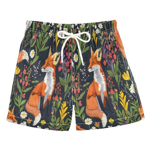Boys Swim Trunks Toddler Swim Shorts Little Boys Swimwear Fox and Piant Flower Bathing Suit Swimsuit