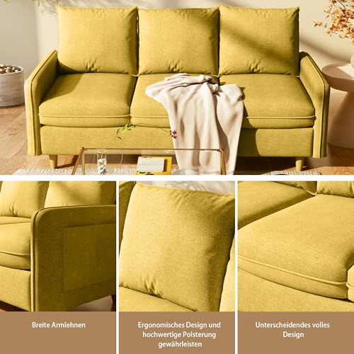 Meeyar 3 Sitzer Sofa, 221 cm Kleines Sofa mit Massivholzbeinen und Seitentaschen, Abnehmbare Bezüge, Kurzplüschstoff Sofa für Wohnzimmer, Schlafzimmer, Büro, Wohnung,Gelb