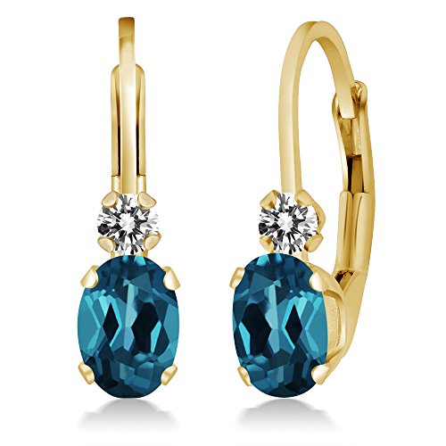 Gem Stone King 14K Yellow Gold London Blue Topaz and White Diamond Leverback Earrings For Women | 1.07 Cttw | Gemstone November Birthstone | Oval 6X4MM, Round 2MM | 3/4 Inch 5
