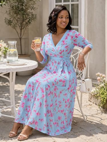 Image of PinkPatty Plus Size Maxi Dresses for Women Casual Flowy Long Dress 3 /4 Sleeve V Neck Wrap Dress with Belt