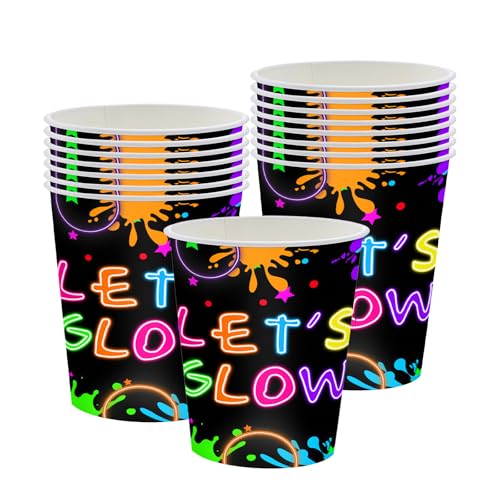 MORAINJAY 16 Pièces Néon Tasse en Papier Vaisselle Anniversaire,9oz/250ml Glow Thème Gobelets Joyeux pour Fête Anniversaire,Fournitures de Fête Néon Décoration...
