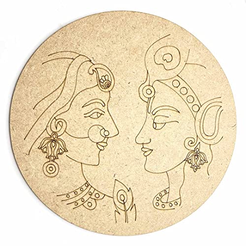 Image of Adikala Radha Krishna ji MDF Engraved Design Wall Plate Base With Frame Cutout for DIY Craft