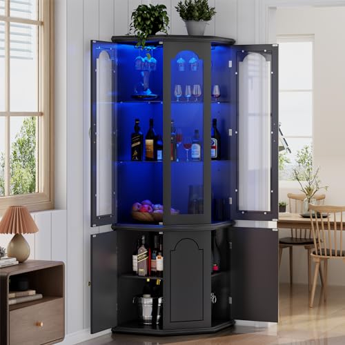 Corner Bar Cabinet w/LED Lights, Tall Modern Wine Cabinet with Tempered Glass Door & Adjustable Shelves, Home Bar Liquor Storage Cabinet with Glass Rack for Living Room, Dining Room (Black)