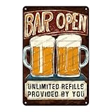 Blechschild mit Aufschrift 'Vintage Bar Open' lustiges Schild für Zuhause, lustiges Barzubehör, Metallposter, 30,5 x 20,3 cm