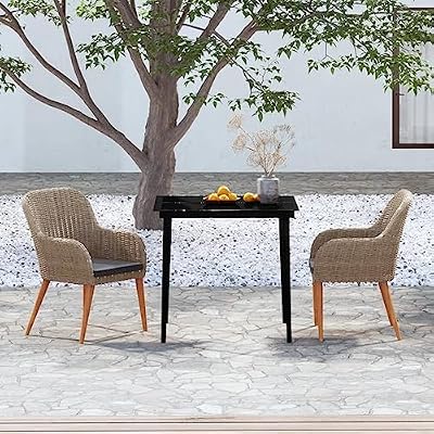 NKOPPFG 3 Piece Patio Dining Set with Cushions Brown, Powder-Coated Steel Frame, Waterproof PE Rattan Chairs, Removable Foam Cushions, Glass Tabletop for Outdoor Garden